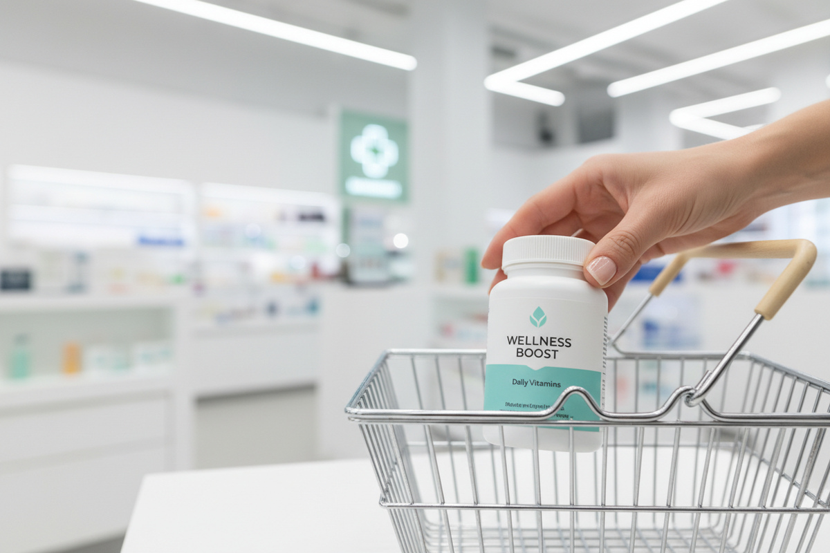 Close-up shot of a hand placing a pill bottle or supplement container into a shopping basket, bright lighting, minimal modern pharmacy look, soft depth of field, clean and professional health-themed composition.