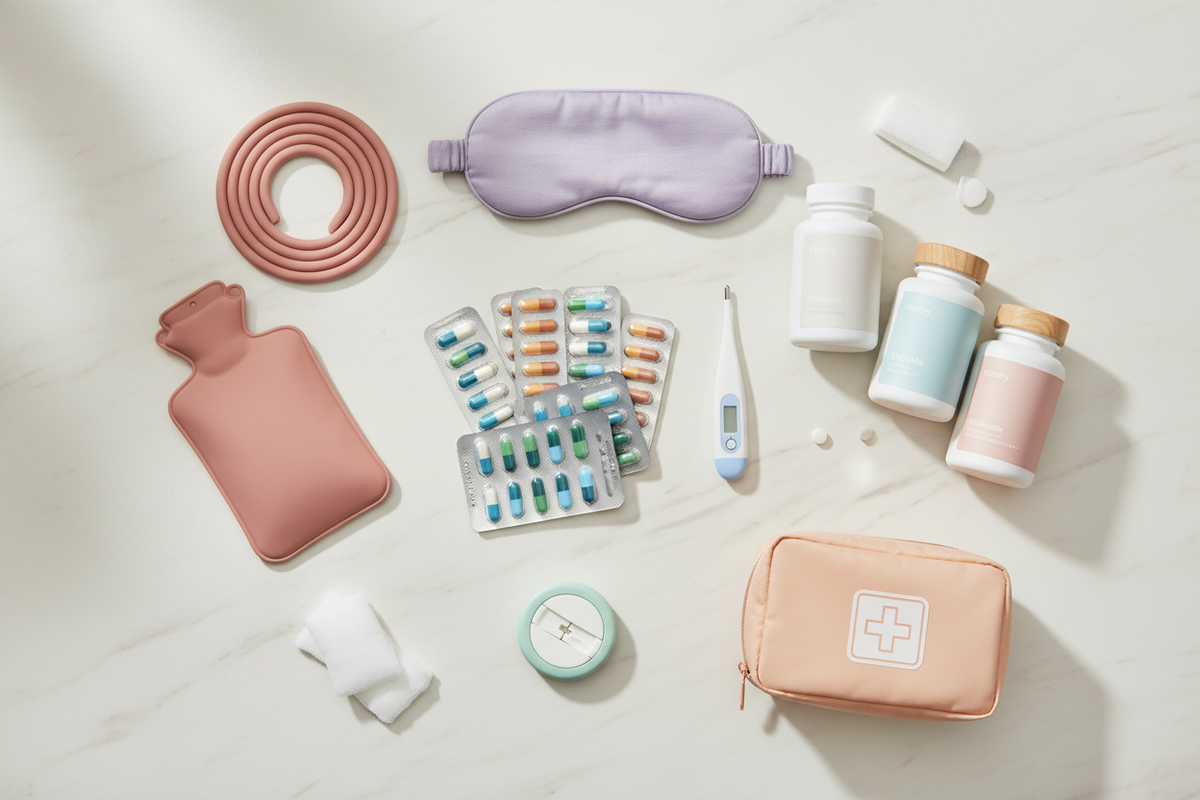 Flat-lay of neatly arranged pharmacy essentials — blister packs, a digital thermometer, vitamin bottles, and soft pastel medical accessories on a clean light-colored background, soft natural shadows, modern clinical aesthetic.