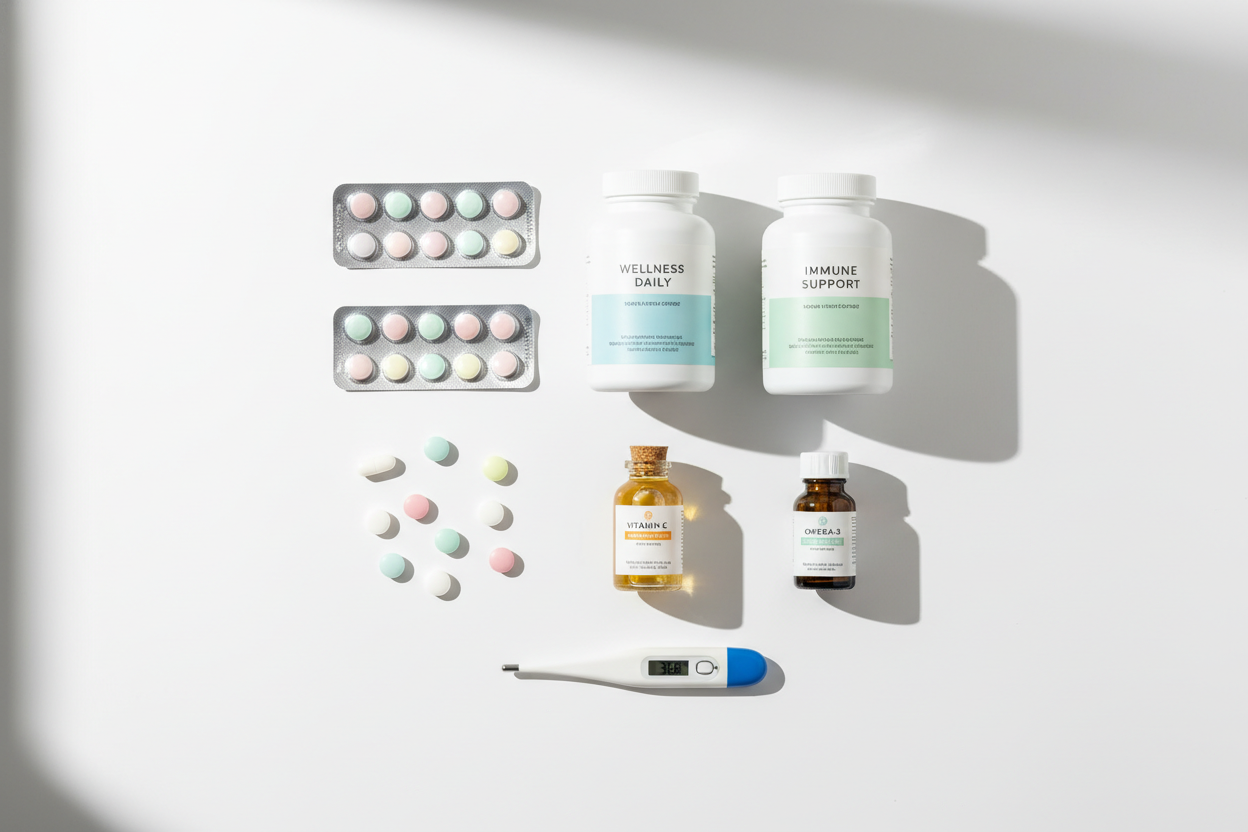 Modern pharmacy banner image, flat-lay of neatly arranged medicine bottles, blister packs, supplements, and a digital thermometer on a clean white background, soft shadows, bright natural lighting, minimal and professional healthcare aesthetic.